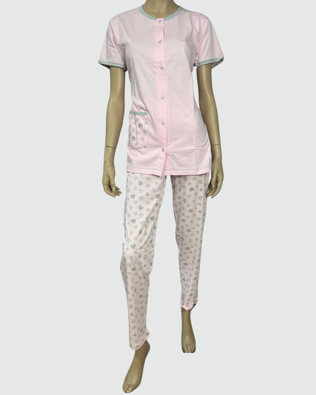 Baci Di Notte Pigiama Donna Cotone Manica Corta Aperto Avanti Pantalone Lungo