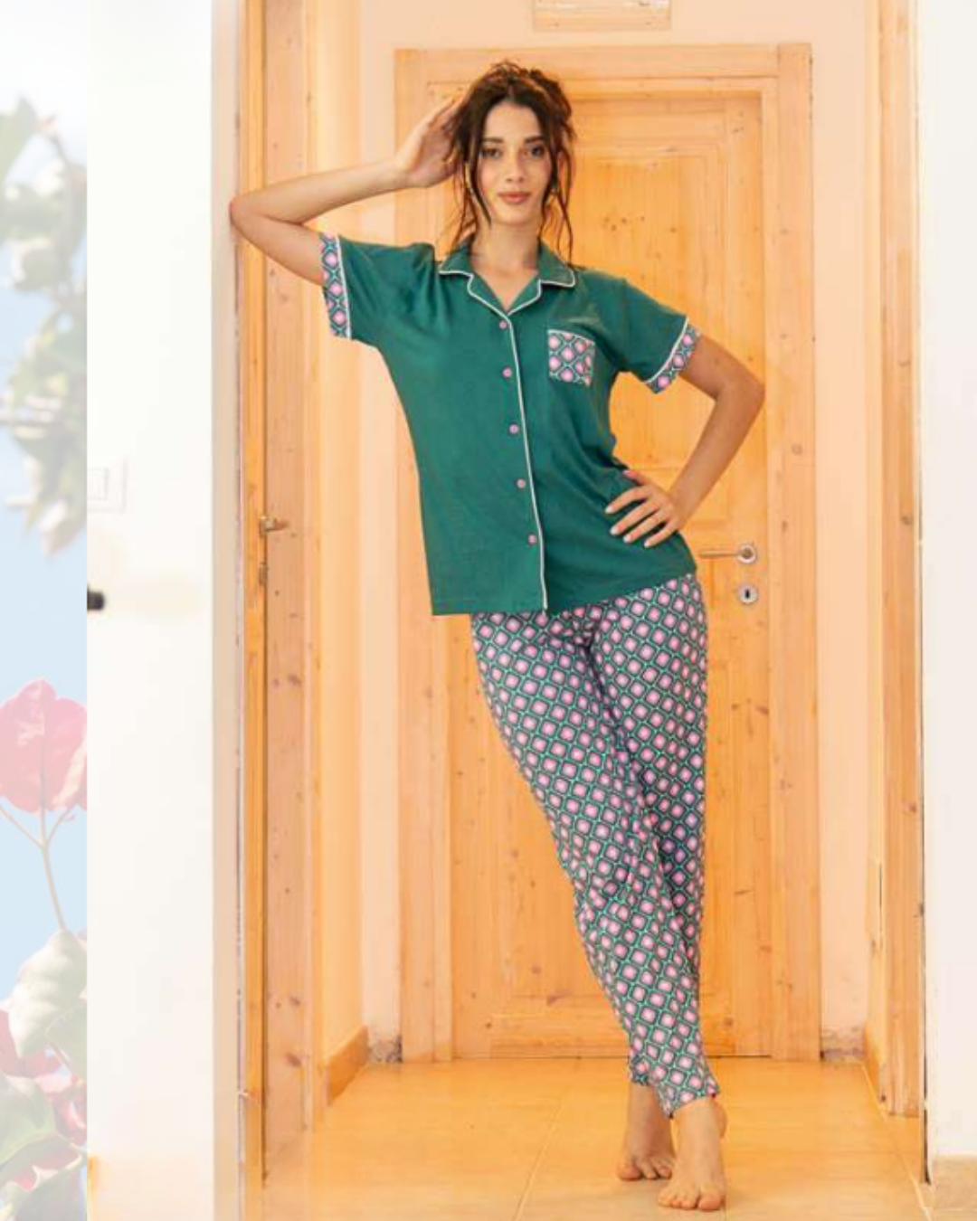 Baci Di Notte Pigiama Donna Cotone Manica Corta Aperto Avanti Pantalone Lungo