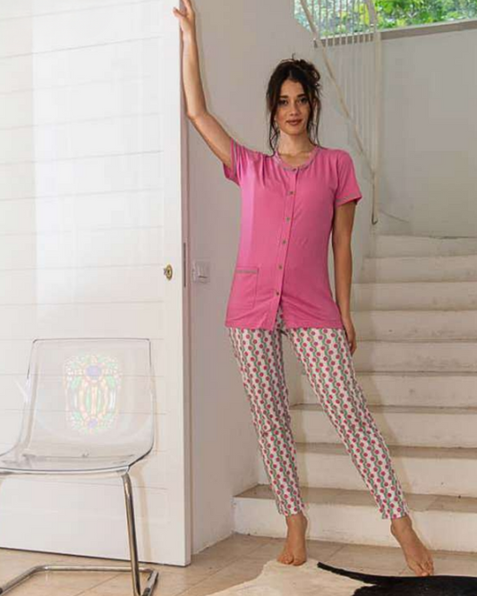 Baci Di Notte Pigiama Donna Cotone Manica Corta Aperto Avanti Pantalone Lungo