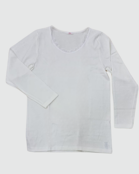 Liabel Donna Maglia Manica Lunga Scollo Con Pizzo Lana E Cotone