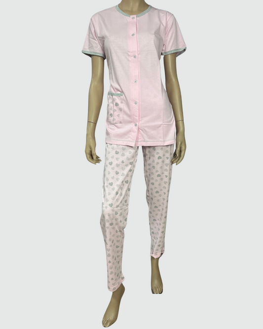 Baci Di Notte Pigiama Donna Cotone Manica Corta Aperto Avanti Pantalone Lungo